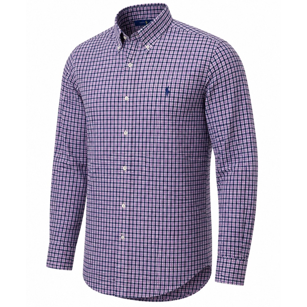 Ralph Lauren Shirt Mens L Pink Blue Gingham Check L/S Button Down Blue Pony